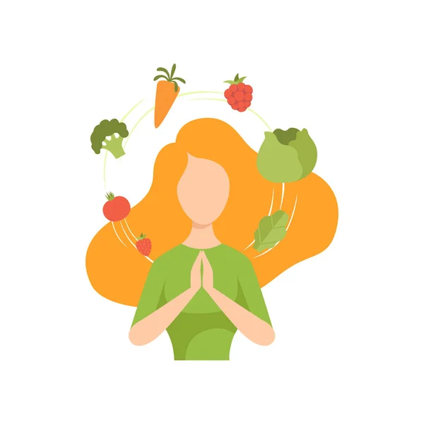 Jovem rodeada de vegetais e frutas voando ao seu redor, alimentação saudável, dieta, vetor de comida vegan orgânica Ilustração —  Vetores de Stock