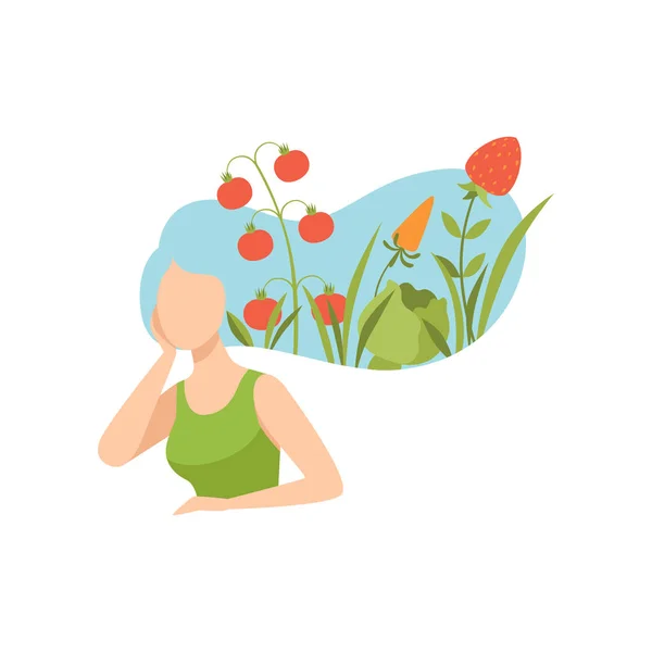 Joven hermosa mujer con verduras en su cabello, alimentación saludable, dieta, vegetariano orgánico vector de alimentos Ilustración — Archivo Imágenes Vectoriales