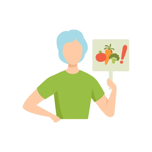 Homme tenant une enseigne avec des légumes, une alimentation saine, régime alimentaire, vecteur d'aliments végétaliens biologiques Illustration — Image vectorielle