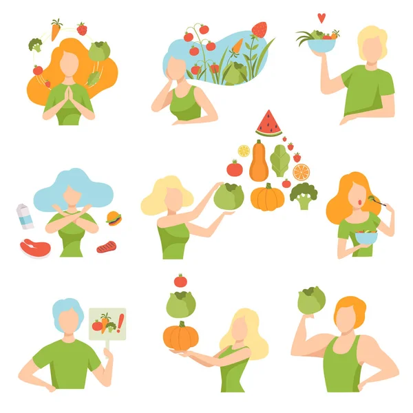 白い背景に分離した野菜 健康的なライフ スタイル ダイエット 有機菜食食品ベクトル図を持つ人々 のコレクション — ストックベクタ