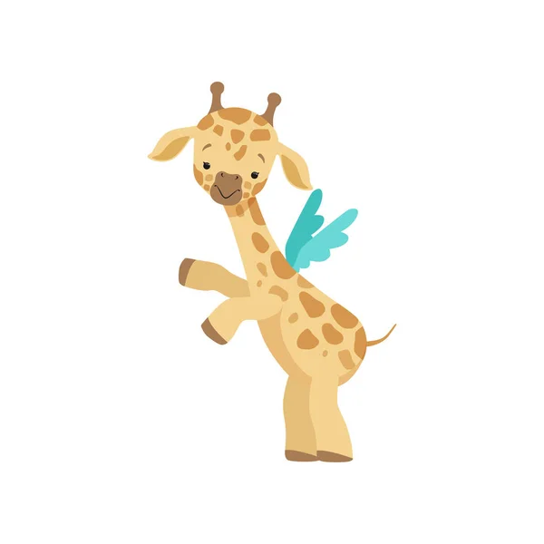 Schattige kleine giraf met vleugels, grappige jungle dierlijk beeldverhaal karakter vector illustratie op een witte achtergrond — Stockvector