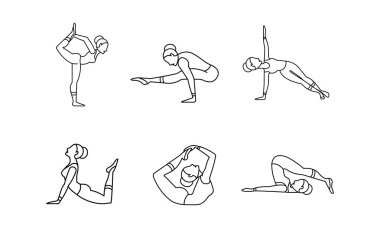 Yoga asanas doğrusal Icons set, pratik yoga, yoga pozlar vektör çizim beyaz bir arka plan topluluğu kız