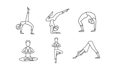 Yoga asanas doğrusal simgeler kümesi, kadın siluetleri, yoga vektör çizim pratik kız