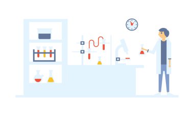 Bilim adamları bir kimyasal laboratuvar, biyolojik, kimyasal veya biyoteknolojik araştırma süreci vektör çizim işyerinde