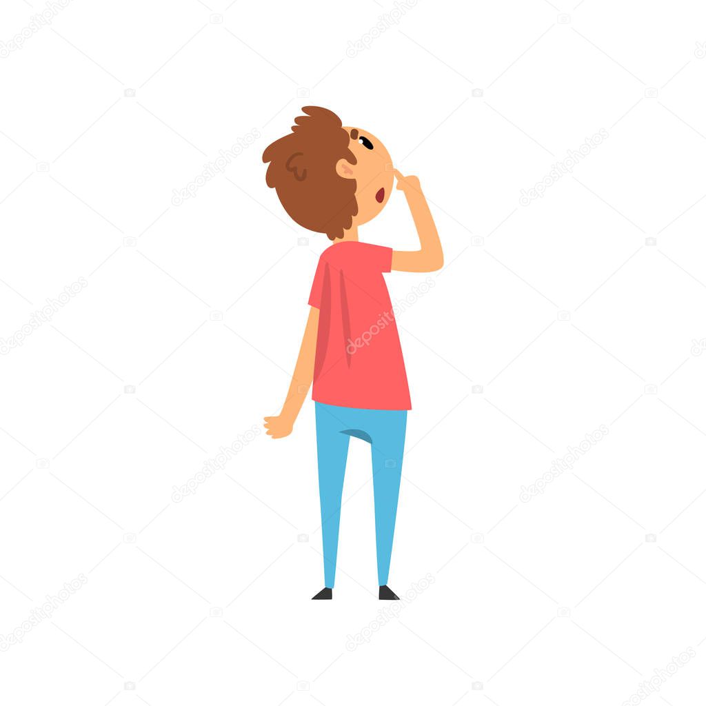 Boy looking up at something and thinking vector Illustration on a white background