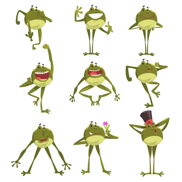 Emotional green funny frog, amfibian animal cartoon character in different poses vector Illustration on a white background — Stock Vector