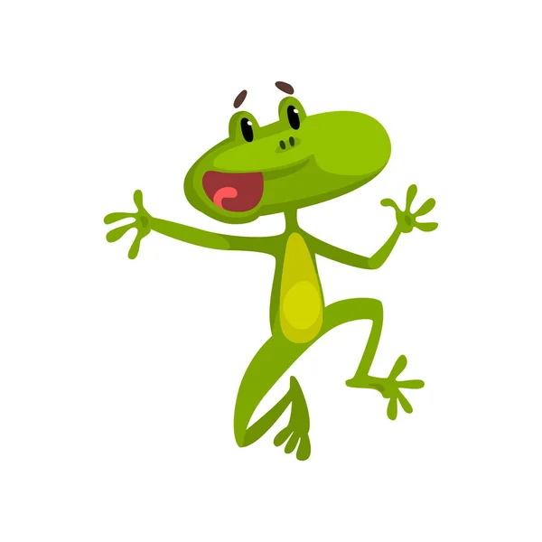 Kicsit vicces ugró béka, zöld aranyos amfibian állati rajzfilmfigura vektoros illusztráció egy fehér háttér — Stock Vector