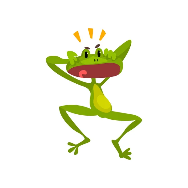 Pequeña rana sorprendida, verde divertido animal amfibio dibujo animado personaje vector Ilustración sobre un fondo blanco — Vector de stock