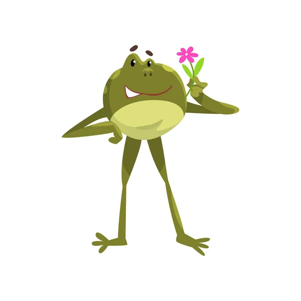 Divertido personaje de dibujos animados de animales amfibios rana de pie con vector de flores Ilustración sobre un fondo blanco — Vector de stock