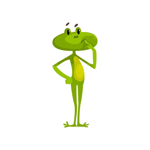 Poco divertido rana pensativa, lindo verde amfibio animal de dibujos animados vector de carácter Ilustración sobre un fondo blanco — Vector de stock