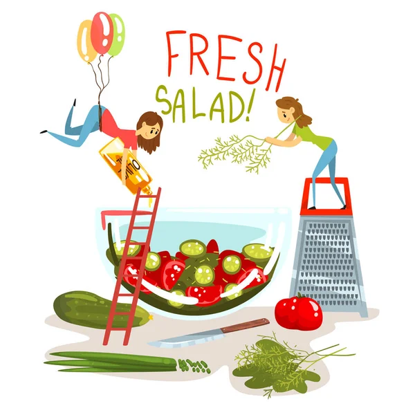 Friss salátával, kis nő főzés zöld saláta, banner, plakát, üdvözlőlap tervezés elem vektor illusztráció — Stock Vector