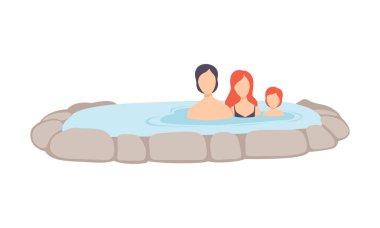 Açık jakuzi, Anne, baba ve çocuk rahatlatıcı banyo küveti sıcak suda zevk aile üzerinde beyaz bir arka plan illüstrasyon vektör