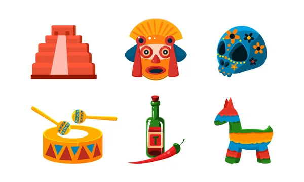 Mexico iconen set, Mexicaanse culturele symbolen vector illustratie op een witte achtergrond — Stockvector