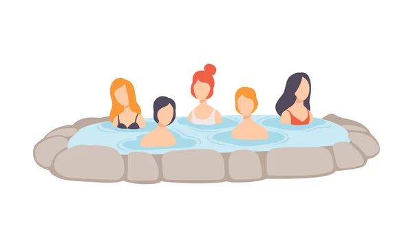 Lidé se těší venkovní jacuzzi, muži a ženy relaxační v horké vodě ve vaně vektorové ilustrace na bílém pozadí — Stockový vektor