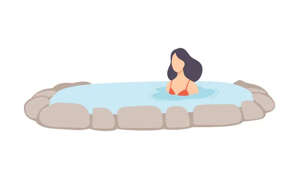 Young brunette woman enjoying outdoor jacuzzi, girl relaxing in hot water in bath tub vector Illustration on a white background — Stock Vector