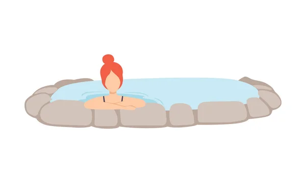 Flicka som avkoppling i varma utomhusjacuzzi, ung kvinna njuta varmvatten i badkar vektor Illustration på vit bakgrund — Stock vektor