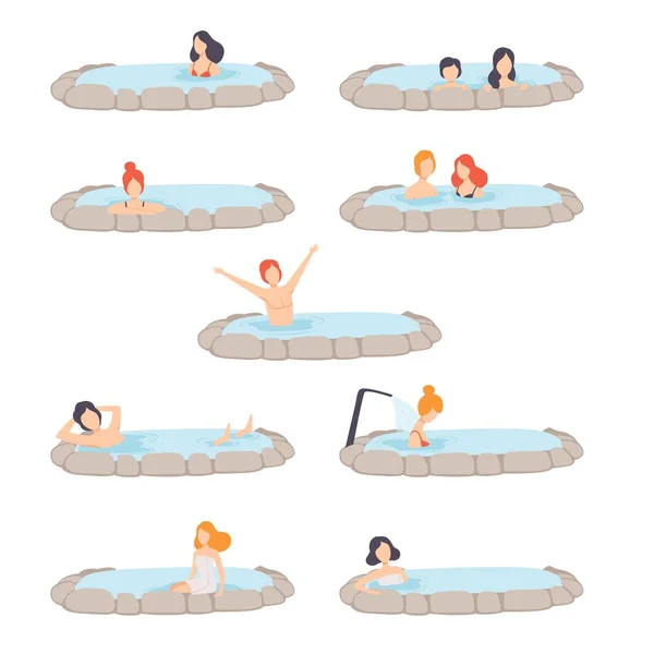 Люди, наслаждающиеся наружным джакузи набор, мужчины и женщины расслабляются в горячей воде в ванне вектор Иллюстрация на белом фоне — стоковый вектор
