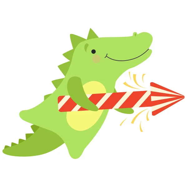 Crocodile avec un popper de fête, personnage animal de dessin animé mignon, modèle de conception peut être utilisé pour le Nouvel An ou Noël, carte d'anniversaire, bannière, affiche, vecteur de décoration de vacances Illustration — Image vectorielle