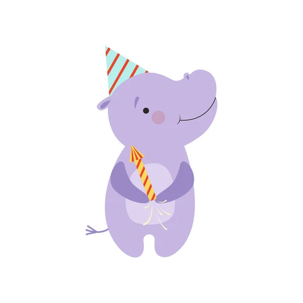 Hipopótamo bonito com um popper do partido, caráter animal encantador dos desenhos animados, modelo do projeto pode ser usado para o ano novo ou o Natal, cartão de aniversário, bandeira, cartaz, vetor da decoração do feriado Ilustração — Vetor de Stock