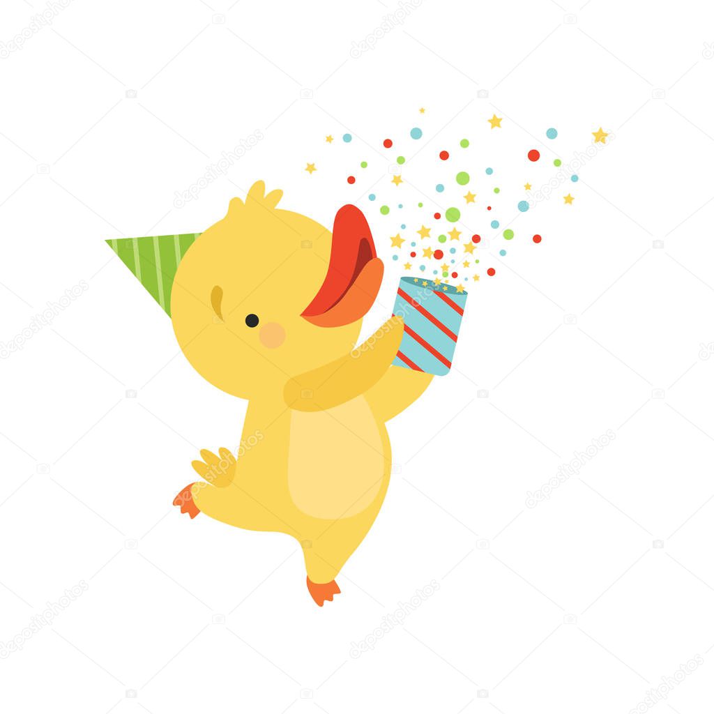 Cute duckling with a party popper, lovely cartoon animal character, design template can be used for New Year or Christmas, Birthday card, banner, poster, holiday decoration vector Illustration