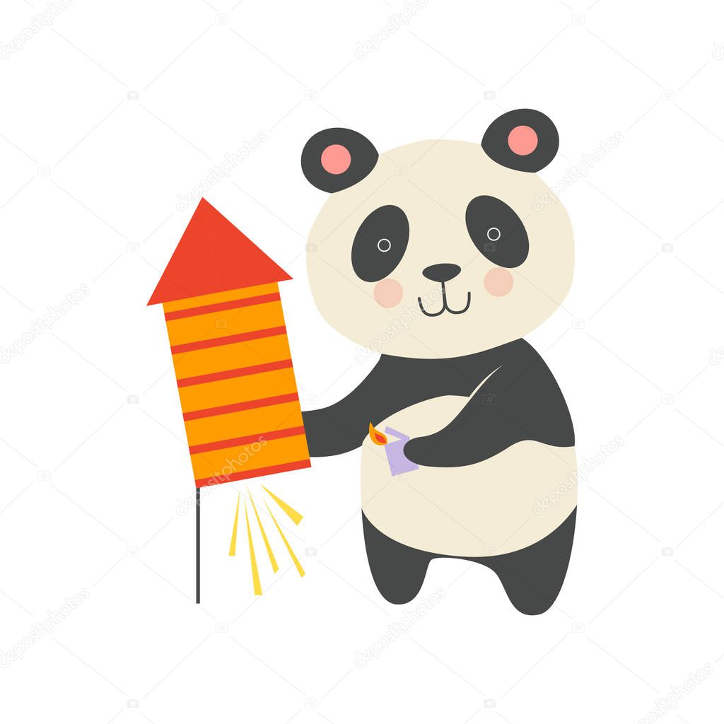 Cute panda bear with a party popper, lovely cartoon animal character, design template can be used for New Year or Christmas, Birthday card, banner, poster, holiday decoration vector Illustration