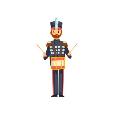 Davul, müzik aleti vektör çizim üzerinde beyaz bir arka plan ile ordu askeri grubu oynarken asker davulcu