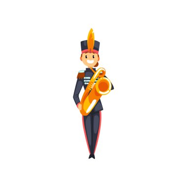 Trompet, ordu askeri grubu beyaz bir arka planda müzik aleti vektör çizim ile oynarken asker