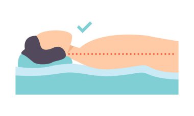 Onun arka kapağı transparan, doğru uyku duruş boyun ve omurga, sağlıklı uyku konum, ortopedik yatak ve yastık vektör çizim üzerinde yatan adam