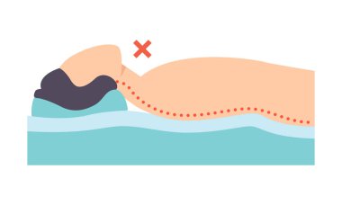 Onun arka kapağı transparan, yanlış uyku duruş boyun, sağlıksız uyku pozisyonu vektör çizim için yatan adam