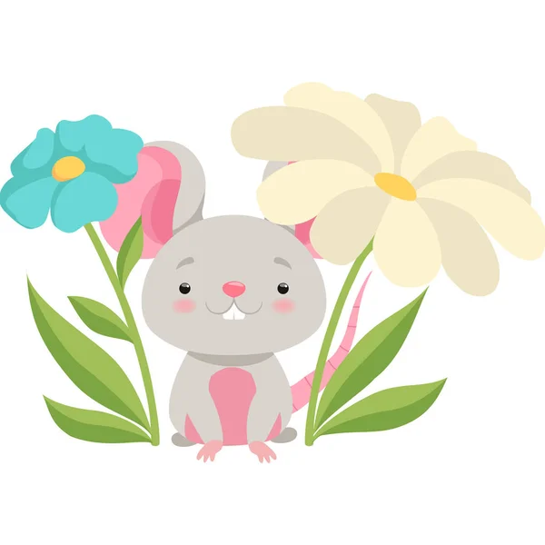 Çiçek bahçesi, komik hayvan karikatür karakter vektör çizim beyaz bir arka plan sevimli fare — Stok Vektör