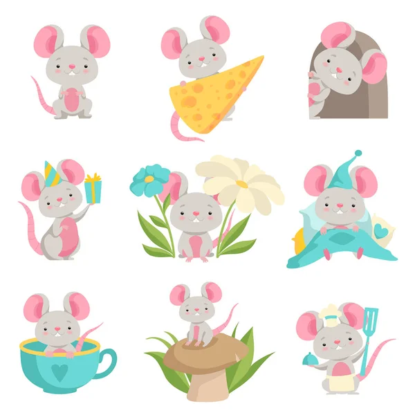 Cute mouse dalam situasi yang berbeda ditetapkan, lucu kartun hewan karakter vektor Illustration pada latar belakang putih - Stok Vektor