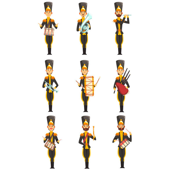 Soldados tocando instrumentos musicales,  de la banda militar del ejército en vector uniforme negro Ilustración sobre fondo blanco — Vector de stock