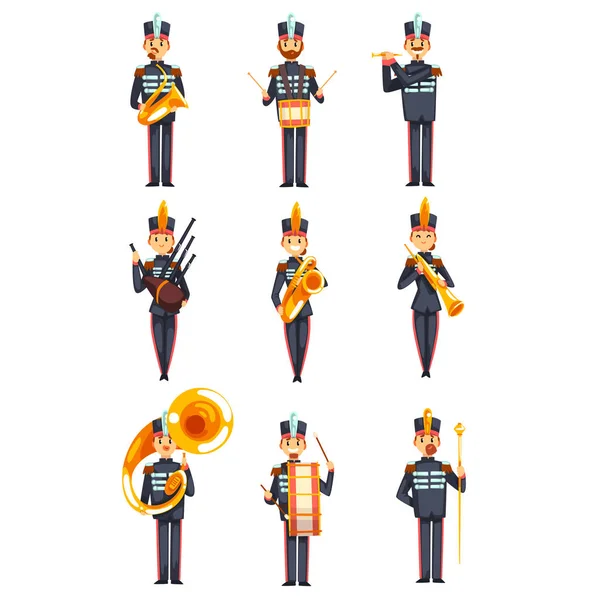 Soldiers playing musical instruments set, members of army military band in blue uniform vector Illustration on a white background — Stock Vector