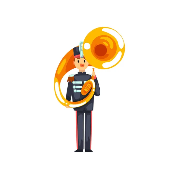 Soldier playing tuba, member of army military band with musical instrument vector Illustration on a white background — Stock Vector