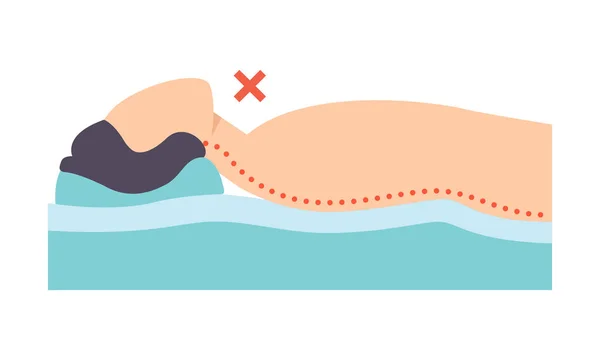 Mann auf dem Rücken liegend, falsche Schlafhaltung für den Nacken, ungesunde Schlafposition — Stockvektor