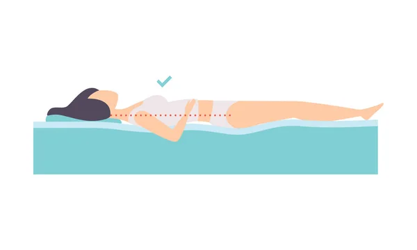 Žena leží na zádech, opravit spící držení krku a páteře, zdravé spaní pozici, ortopedické matrace a polštáře vektorové ilustrace na bílém pozadí — Stockový vektor