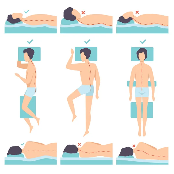 Homme couché dans différentes poses ensemble, vue latérale, posture de sommeil correcte et incorrecte pour le cou et la colonne vertébrale, vecteur de position de sommeil sain Illustration — Image vectorielle