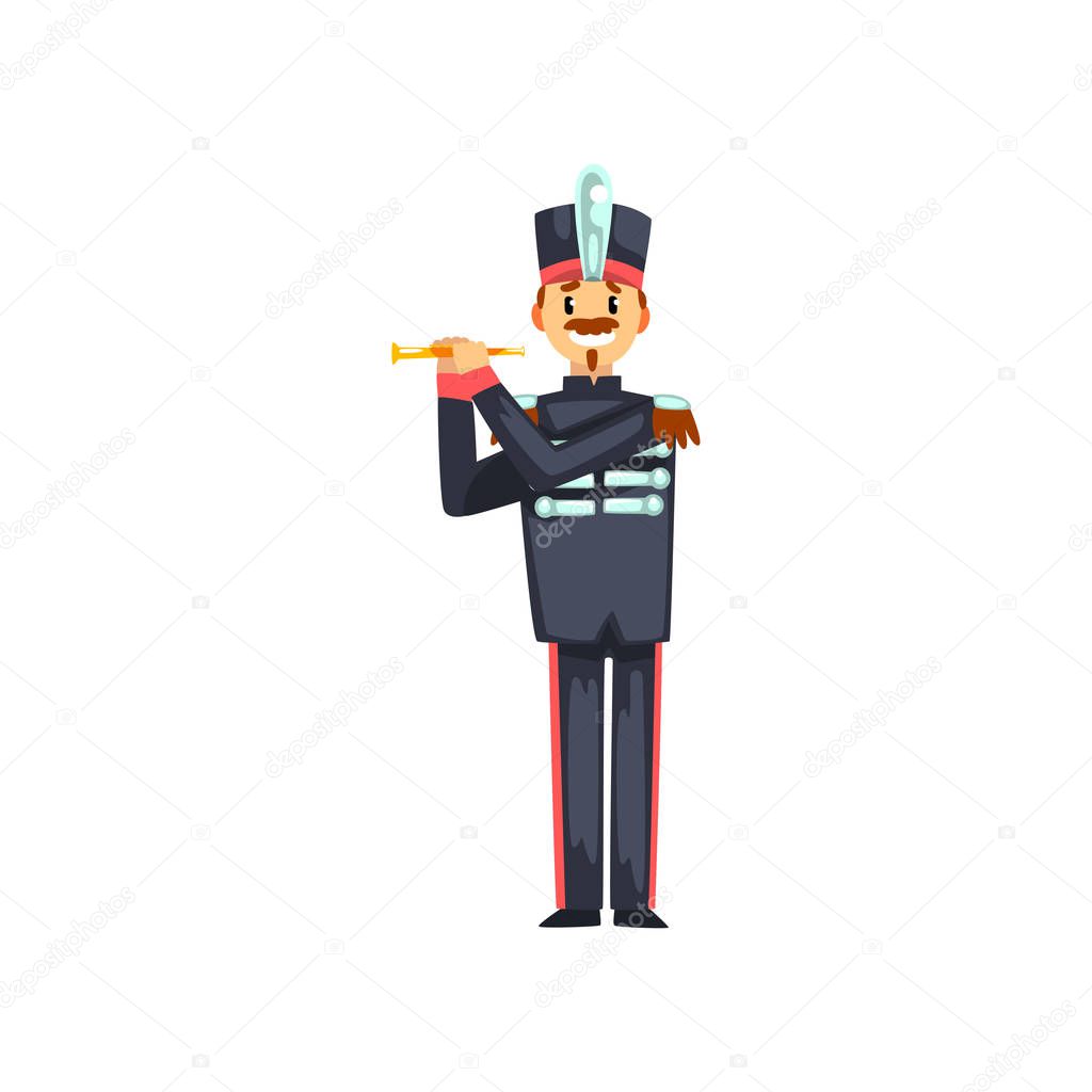Soldier playing flute, member of army military band with musical instrument vector Illustration on a white background