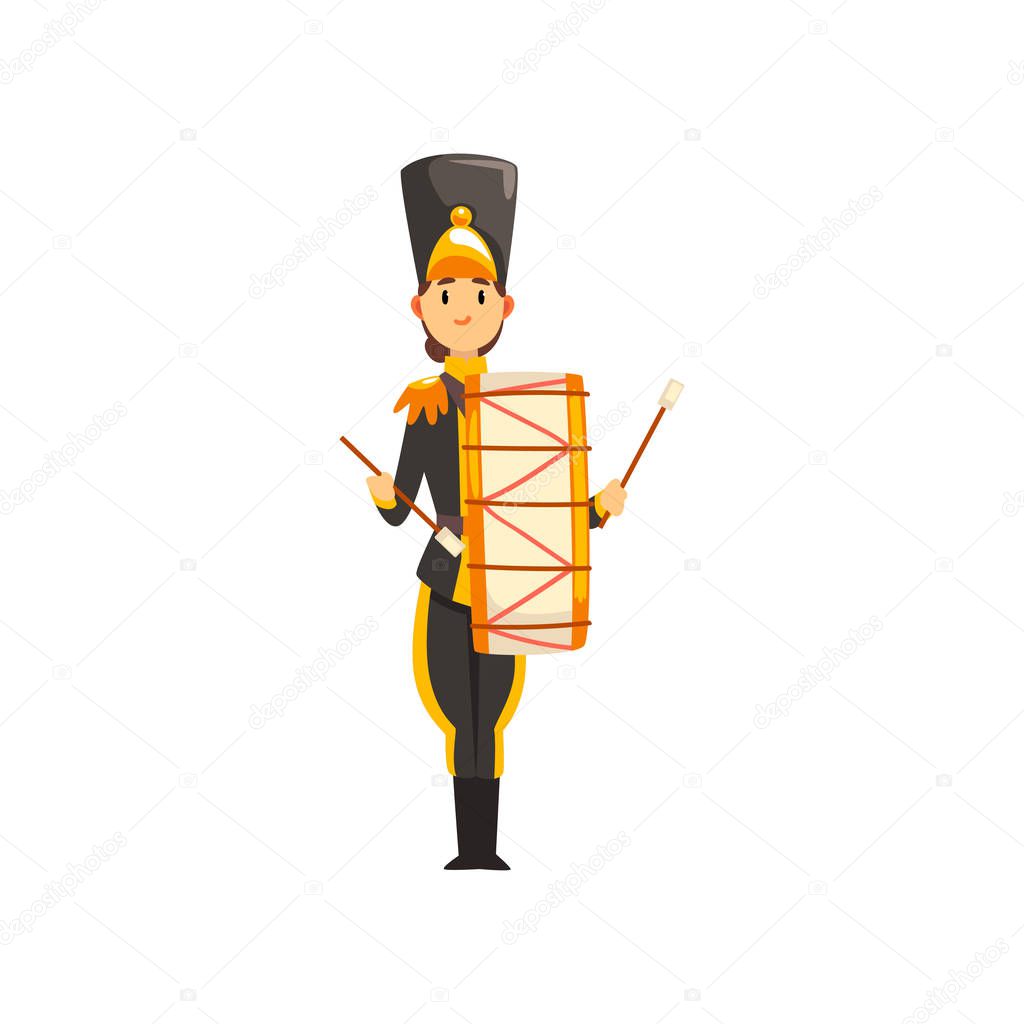 Soldier in black uniform with drum, member of army military band with musical instrument vector Illustration on a white background