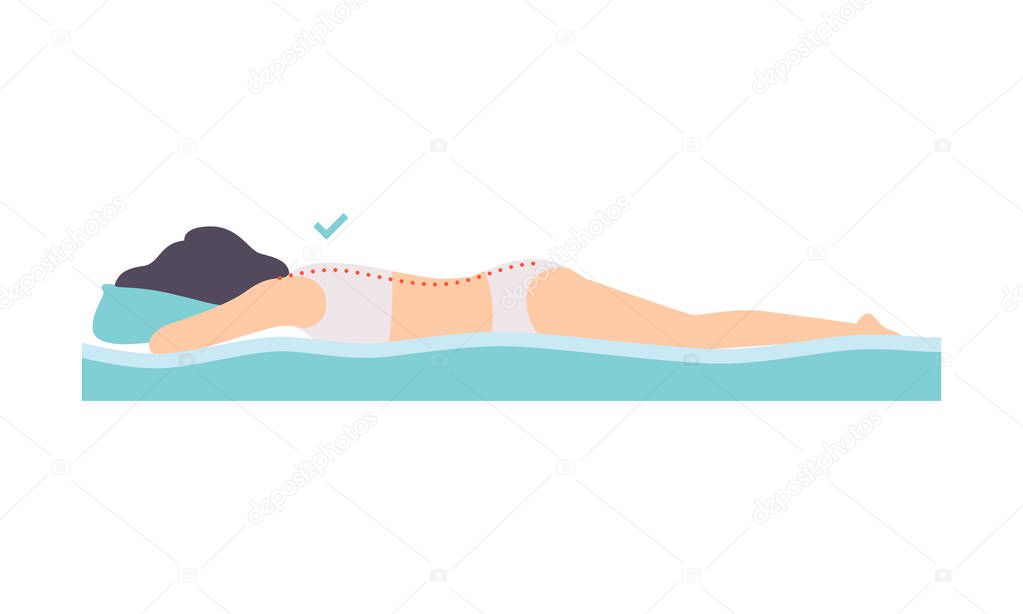 Woman lying on her stomach, correct sleeping posture for neck and spine, healthy sleeping position, orthopedic mattress and pillow vector Illustration
