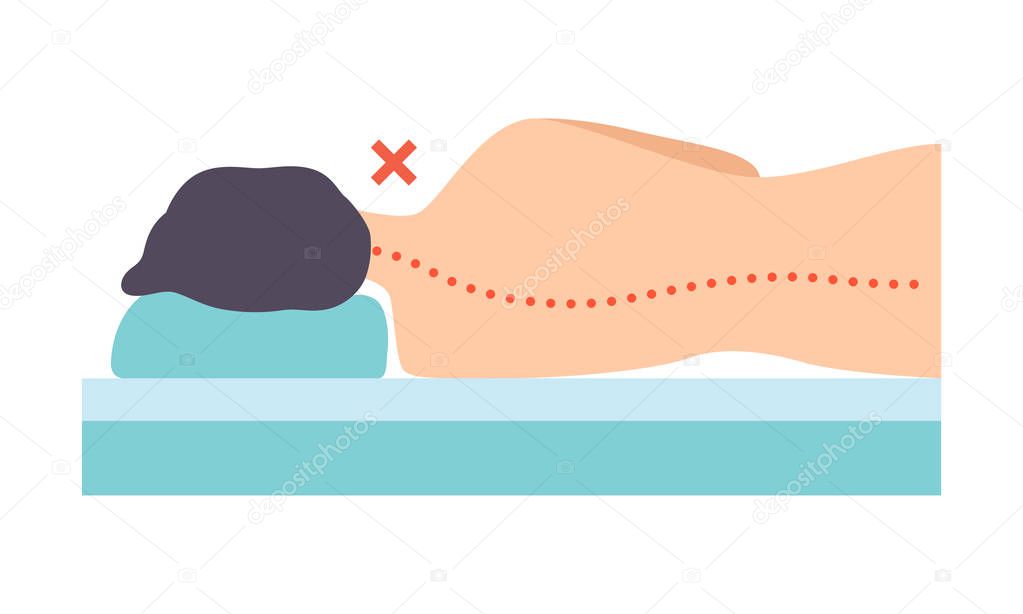 Man lying on his side, incorrect sleeping posture for neck and spine, unhealthy sleeping position vector Illustration