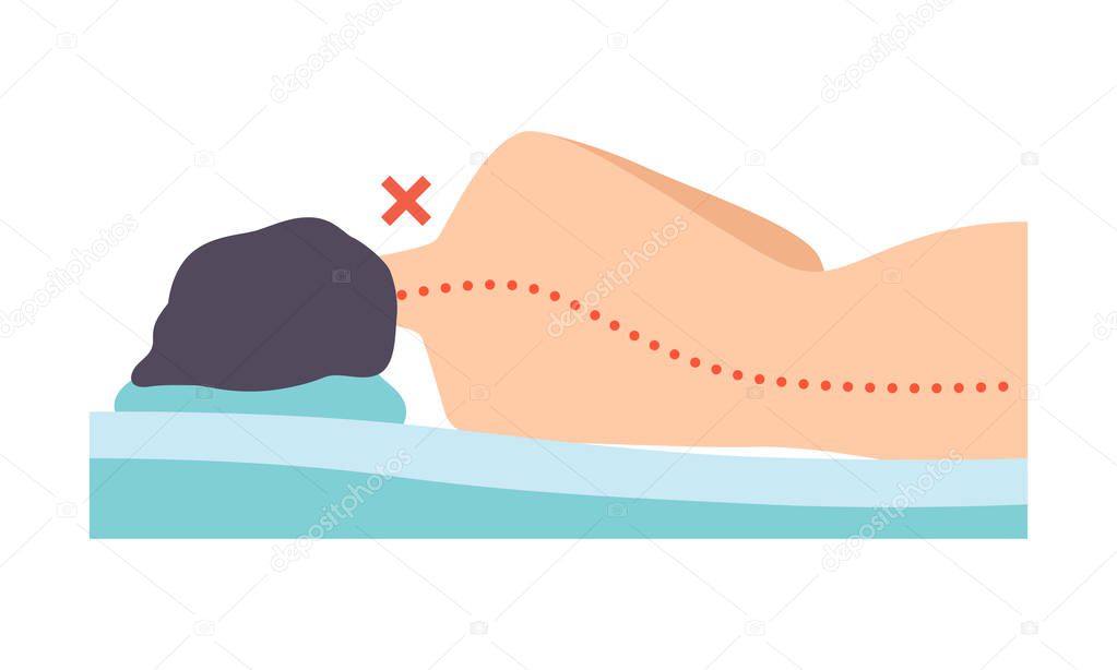 Man lying on his side, seen from behind, incorrect sleeping posture for neck and spine, unhealthy sleeping position vector Illustration