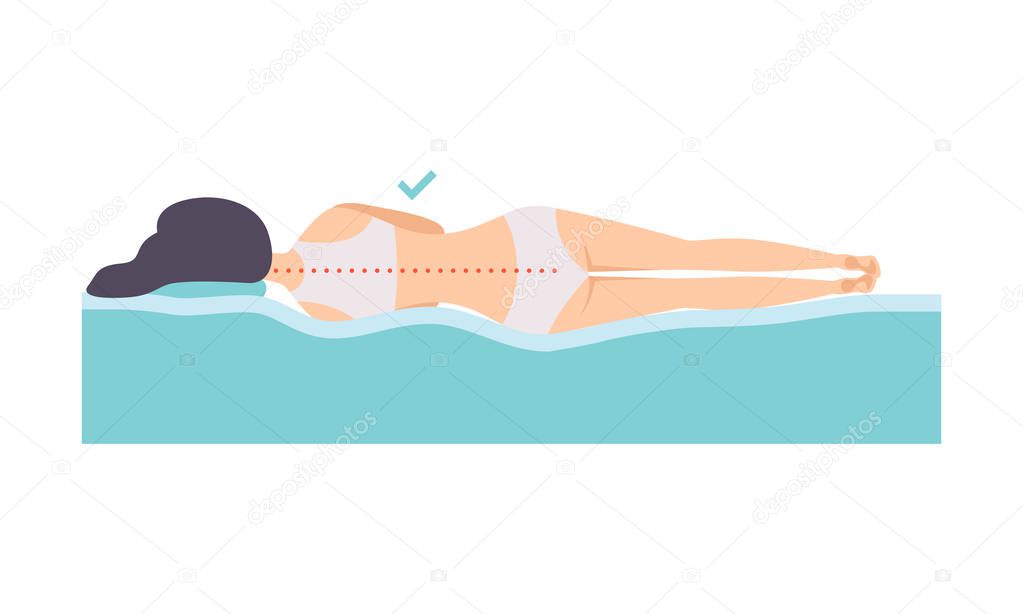 Woman lying on her side, correct sleeping posture for neck and spine, healthy sleeping position, orthopedic mattress and pillow vector Illustration