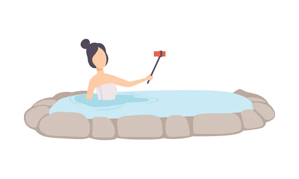 Girl taking selfie while enjoying outdoor thermal spring, young woman relaxing in hot water in bath tub vector Illustration on a white background — Stock Vector