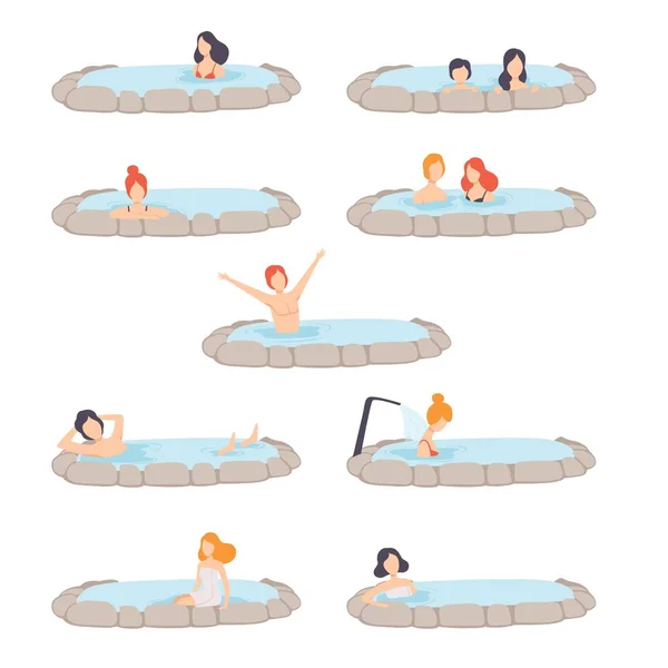 People enjoying outdoor thermal spring set, men and women relaxing in hot water in bath tub vector Illustration on a white background — Stock Vector