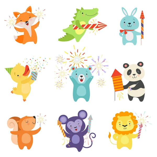 Animaux mignons avec jeu de poppers de fête, charmants personnages d'animaux de dessin animé célébrant, modèle de conception peut être utilisé pour le Nouvel An ou Noël, carte d'anniversaire, bannière, affiche, décoration de vacances — Image vectorielle