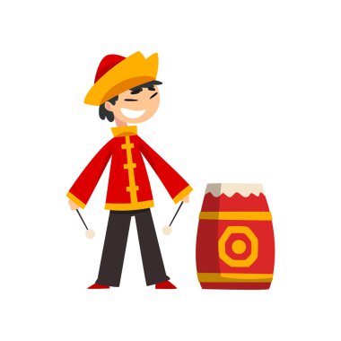 Geleneksel Çince kostüm davul vektör çizim beyaz bir arka plan üzerinde oynarken boy gülümseyerek