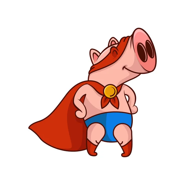 Gracioso superhéroe cerdo de pie en postura heroica. Animal con capa roja y máscara. Diseño de vectores de dibujos animados — Vector de stock