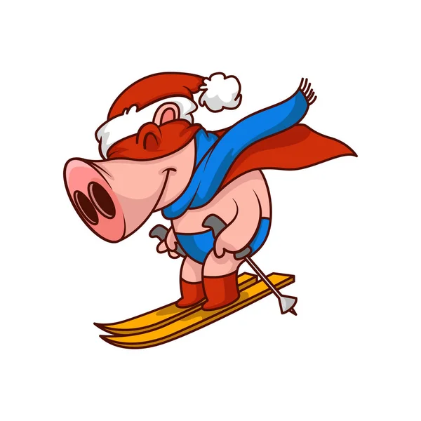 Funny pig superhero riding on skis. Humanized animal in hat, scarf, red mask and cape. Cartoon vector illustration — Stock Vector