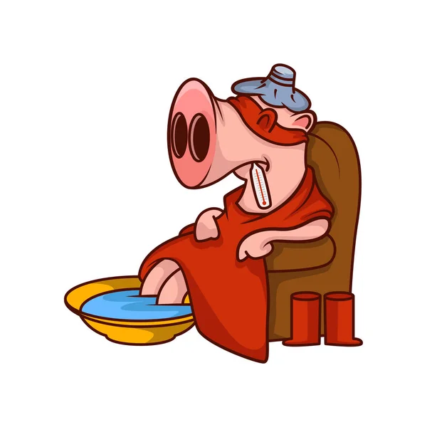 Cerdo enfermo sentado en un sillón envuelto en su manto de superhéroe. Animales humanizados sintiéndose insalubres. Diseño de vectores de dibujos animados — Vector de stock